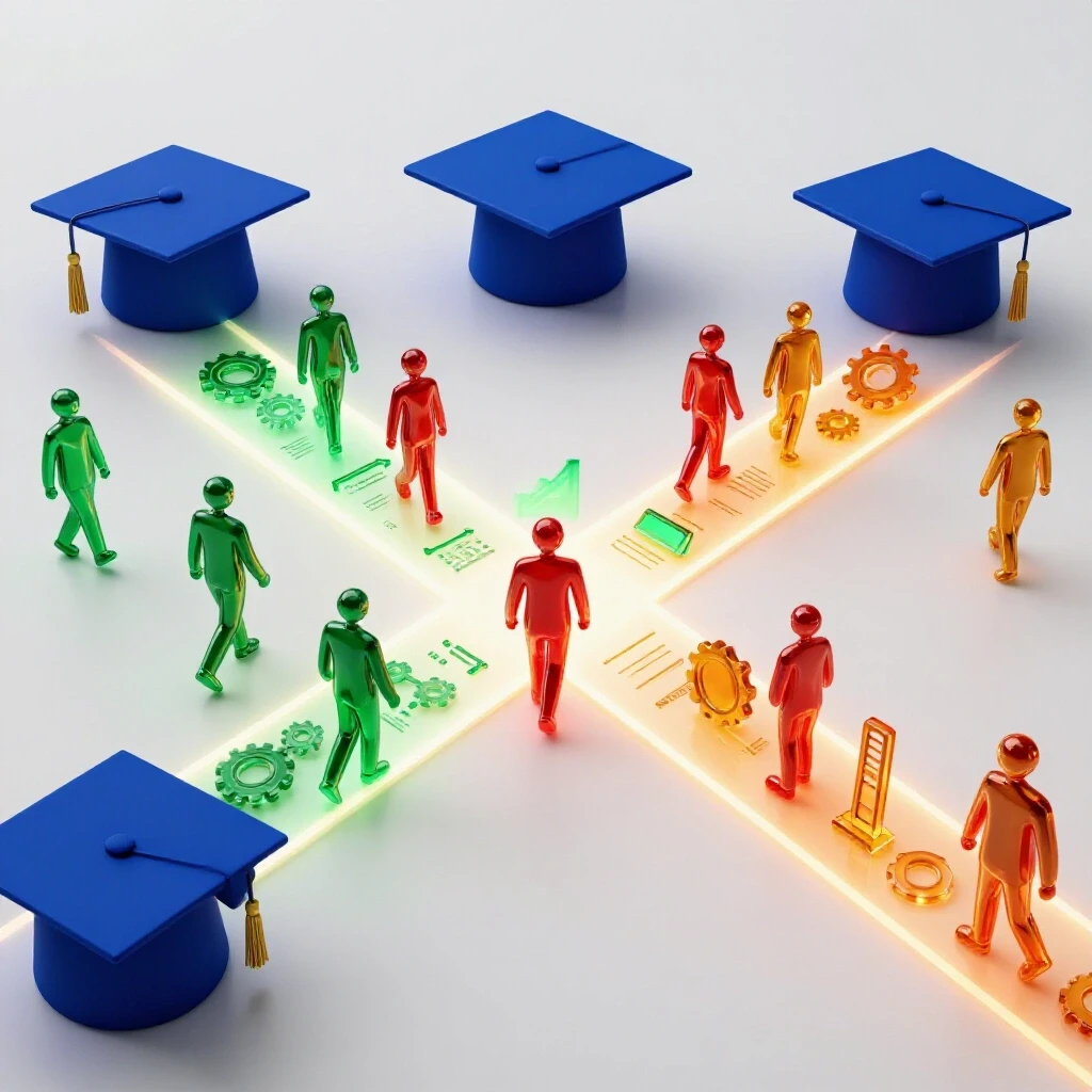 Colorful skill icons and graduation caps at a crossroads, emphasizing vibrant alternative career paths