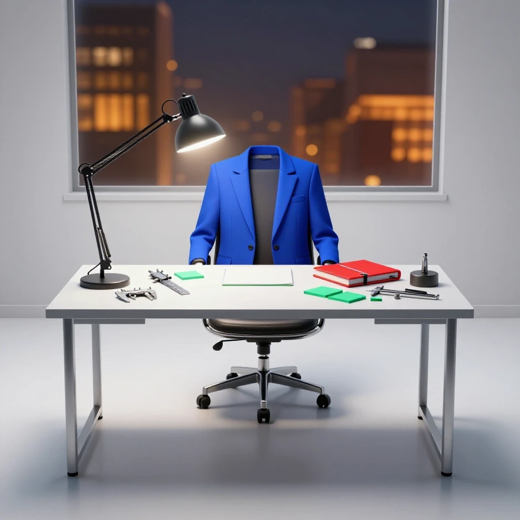 A modern desk with engineering tools, a blazer on a chair, and a cityscape through a window, illuminated by a vibrant desk lamp.