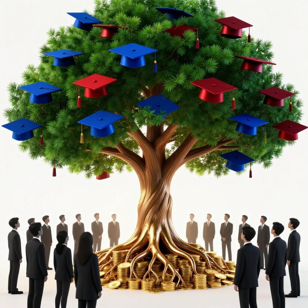 A glowing tree with golden coin roots and vibrant graduation caps on its branches, students gathered at its base symbolizing educational growth and financial support.