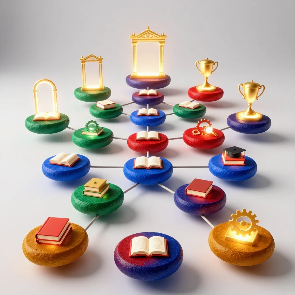A luminous pathway of glowing, colorful stepping stones branching toward bright academic and career symbols.
