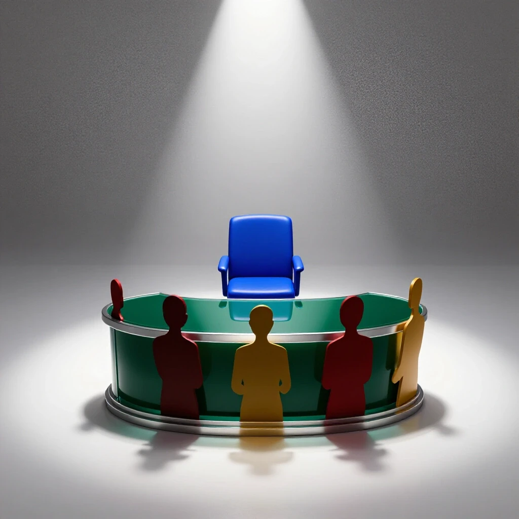 Spotlighted bold blue chair faces abstract colored interviewer panel in dramatic interview setting