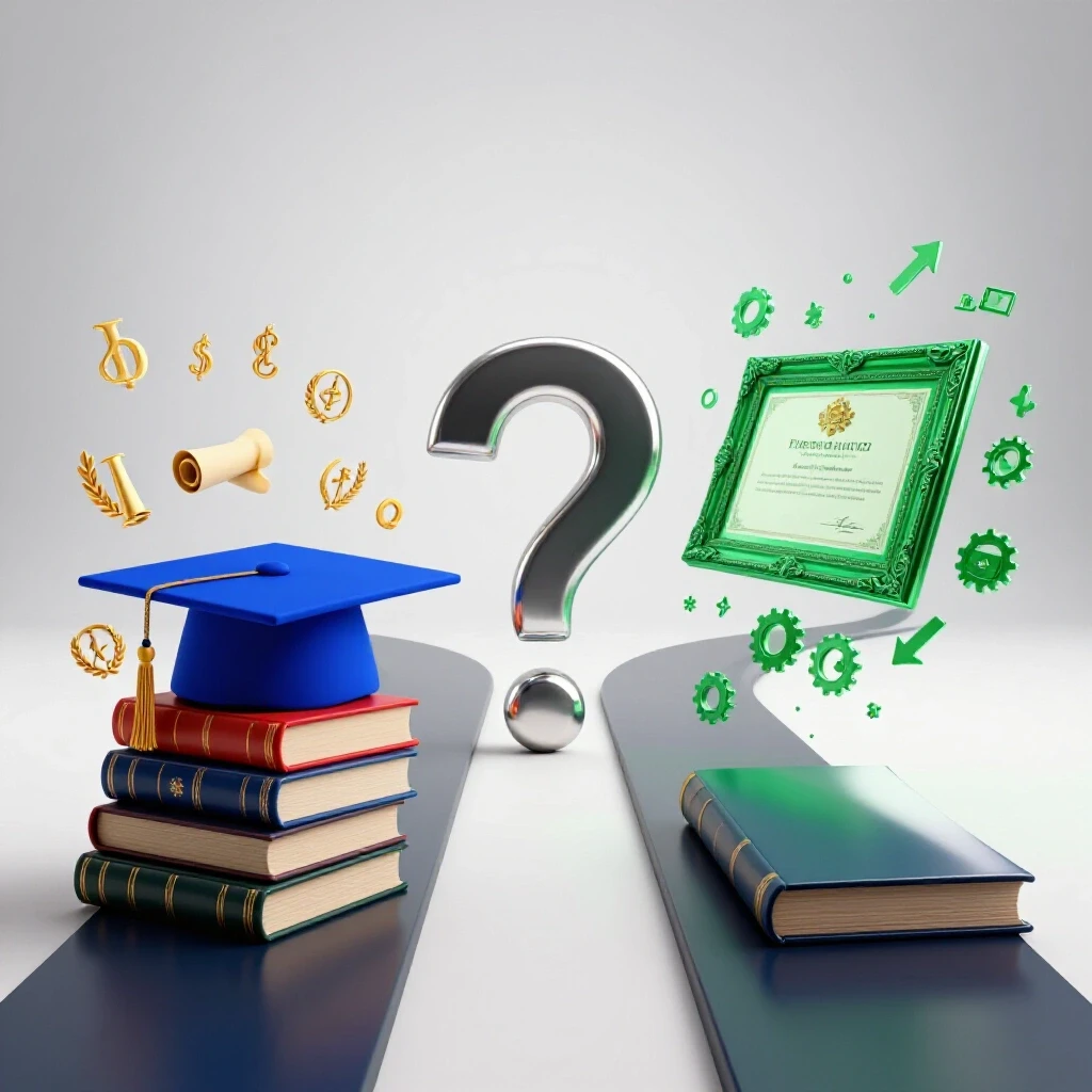A crossroads with a metallic question mark, one path to a glowing academic cap and books, the other to a shining certificate and career icons, set on a luminous white background.