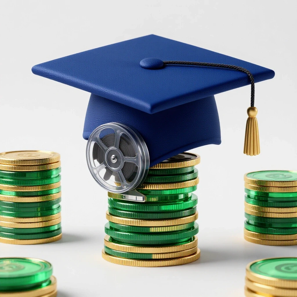 Split scene with a graduation cap and film reel on one side and stacks of money on the other, highlighted by dramatic lighting.