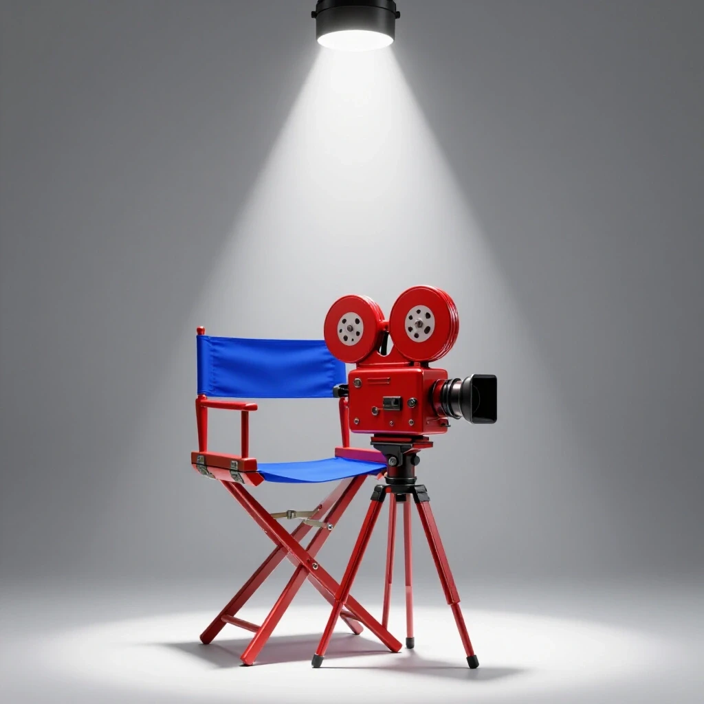A vibrant director’s chair and a striking film camera under a dramatic spotlight on a bright studio set.