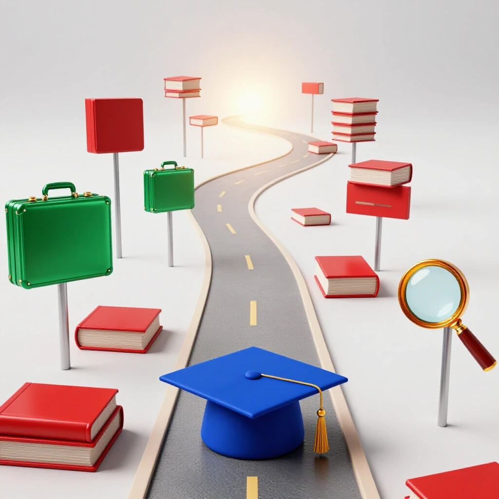 A winding path lined with symbolic signposts—graduation cap, books, briefcase, magnifying glass—leading to a glowing horizon.