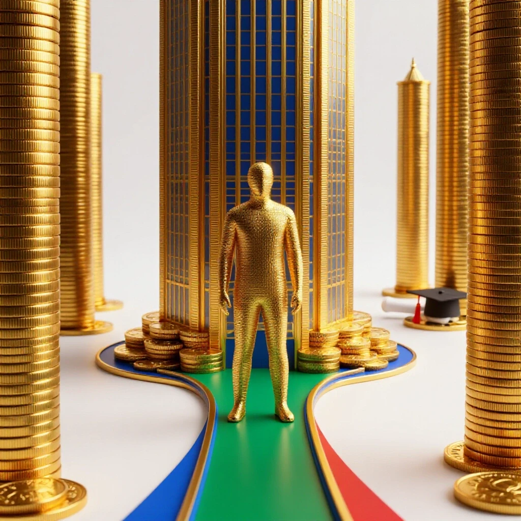 A confident figure stands at a golden coin skyscraper's base with an open path, academic symbols distant.