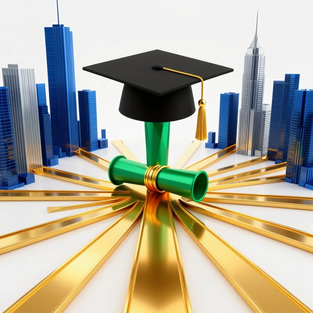 Glossy graduation cap and finance degree scroll at the center of golden paths leading to modern skyscrapers, with one path brightly illuminated.