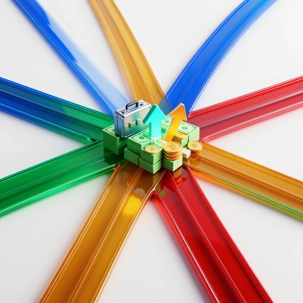 Vivid crossroads with glowing financial symbols and colorful career paths against a bright, clean background.