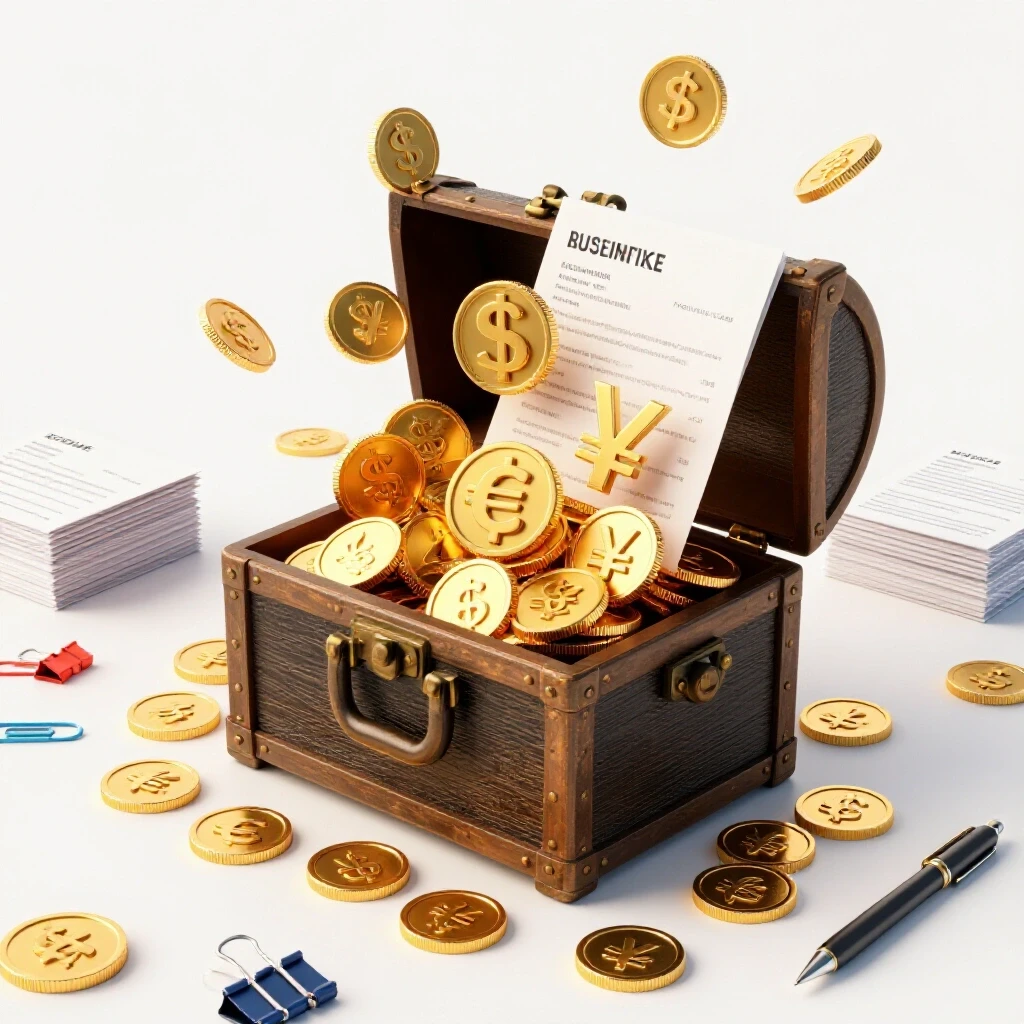 A treasure chest spilling gold coins and finance symbols among resumes and office supplies on a bright background.