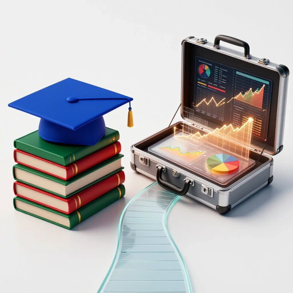 Split scene with a graduation cap on financial books and a briefcase showing charts, connected by a glowing pathway.