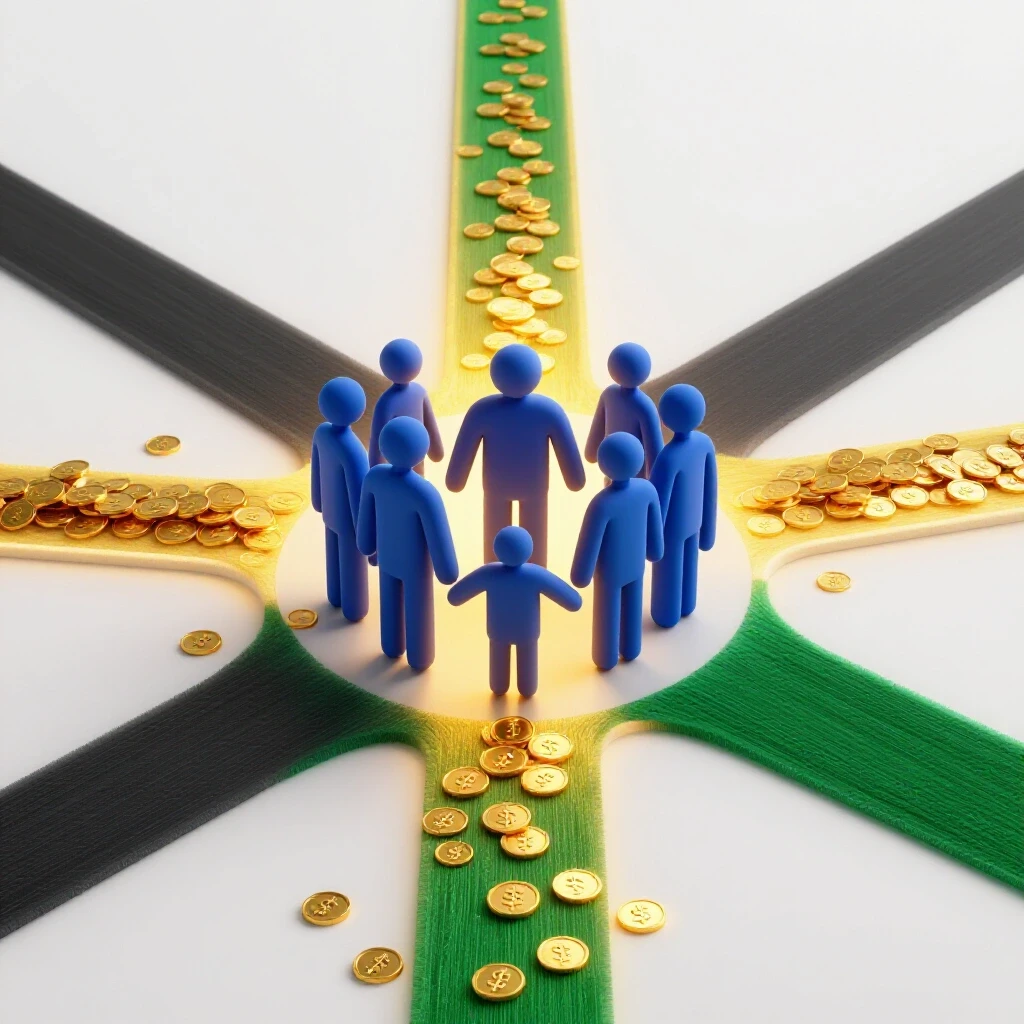 Abstract family figures stand at a crossroads, one path glowing with gold and coins, the other shadowed, symbolizing financial aid changes.