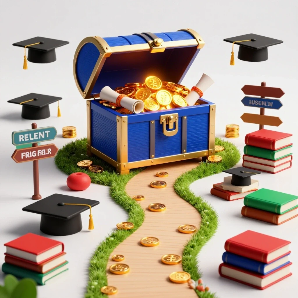 Vivid treasure chest with glowing coins and diplomas at pathway's end, surrounded by signposts and books.