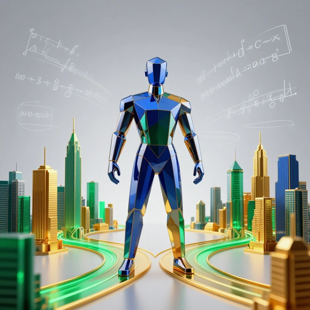 Confident geometric figure at crossroads of swirling math formulas and city skyline, golden paths leading toward financial towers.