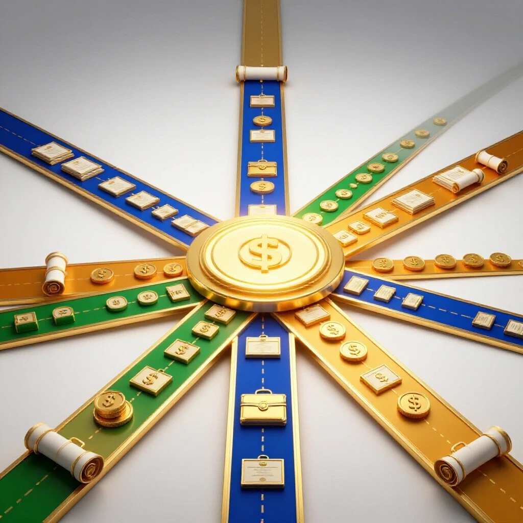 Golden pathways with certificates and financial symbols converge on a glowing platform in a bright studio scene.