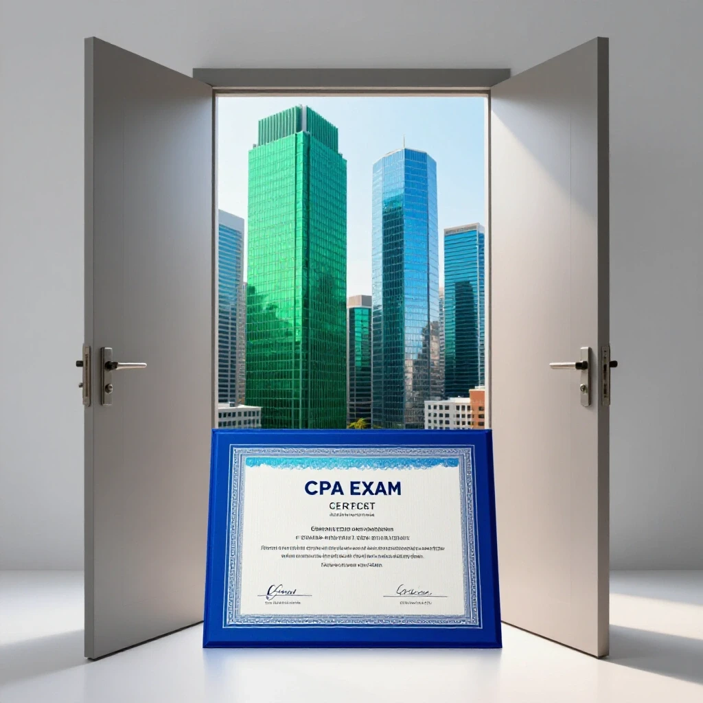 A glossy CPA certificate at an open doorway leading to a vibrant city skyline of office buildings.