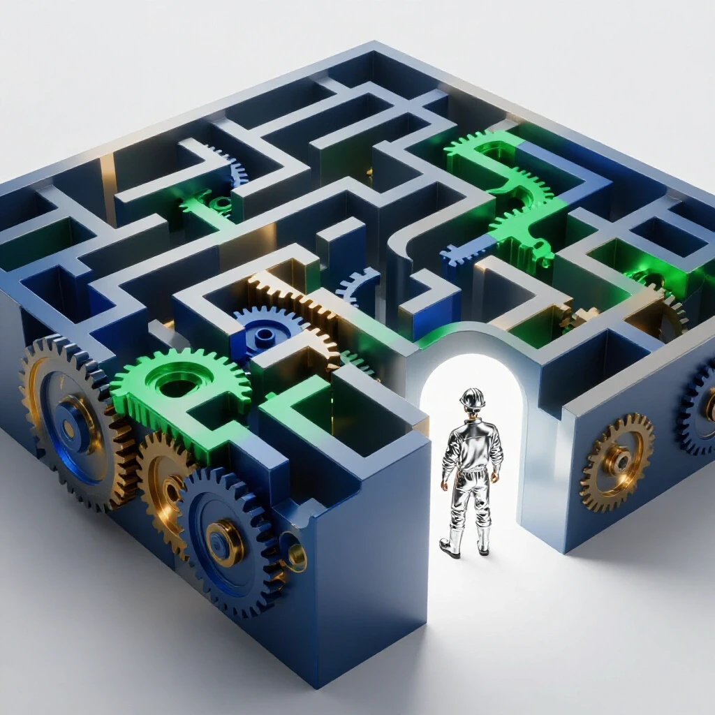 Saturated metallic gear maze with a chrome engineer at the entrance facing a bright opportunity doorway