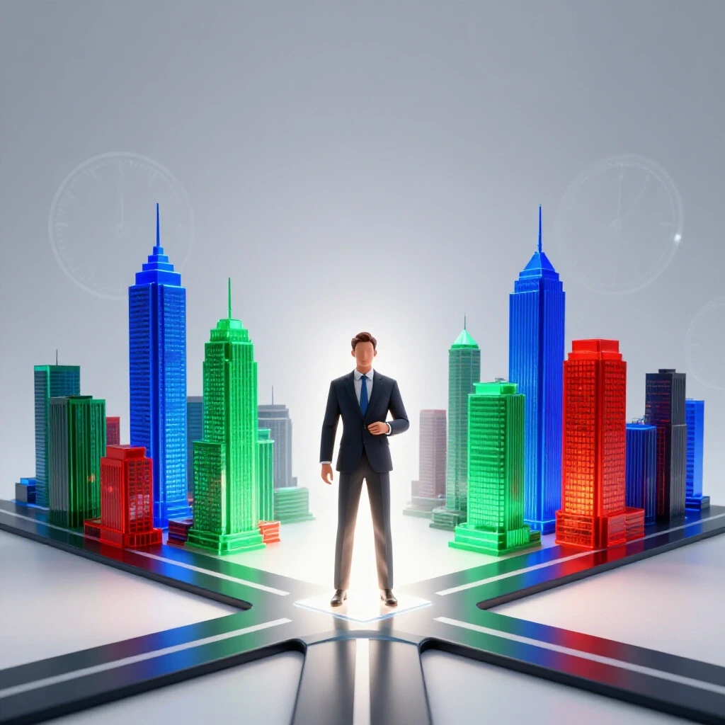 Luminous metallic pillar stands at a crossroads, spotlight path leads to vibrant city skyscrapers with clock motifs in background