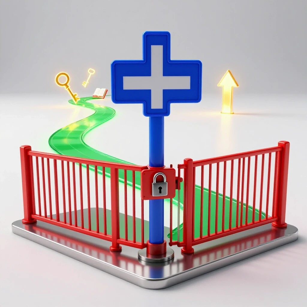 Glossy crossroads with a locked red gate and a bright emerald path curving around it toward glowing opportunities.
