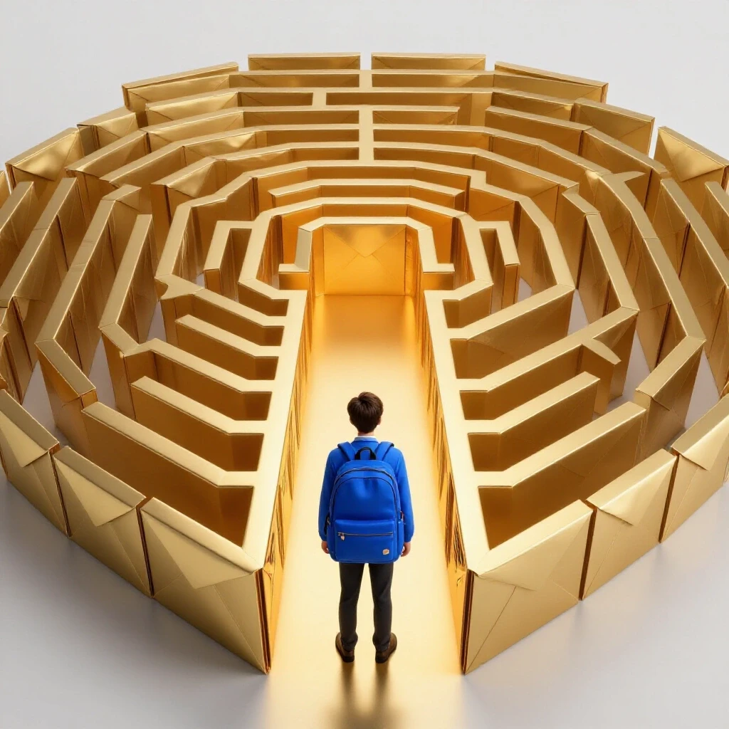 A maze of golden scholarship envelopes with a blue backpack at the entrance and a glowing path inside.