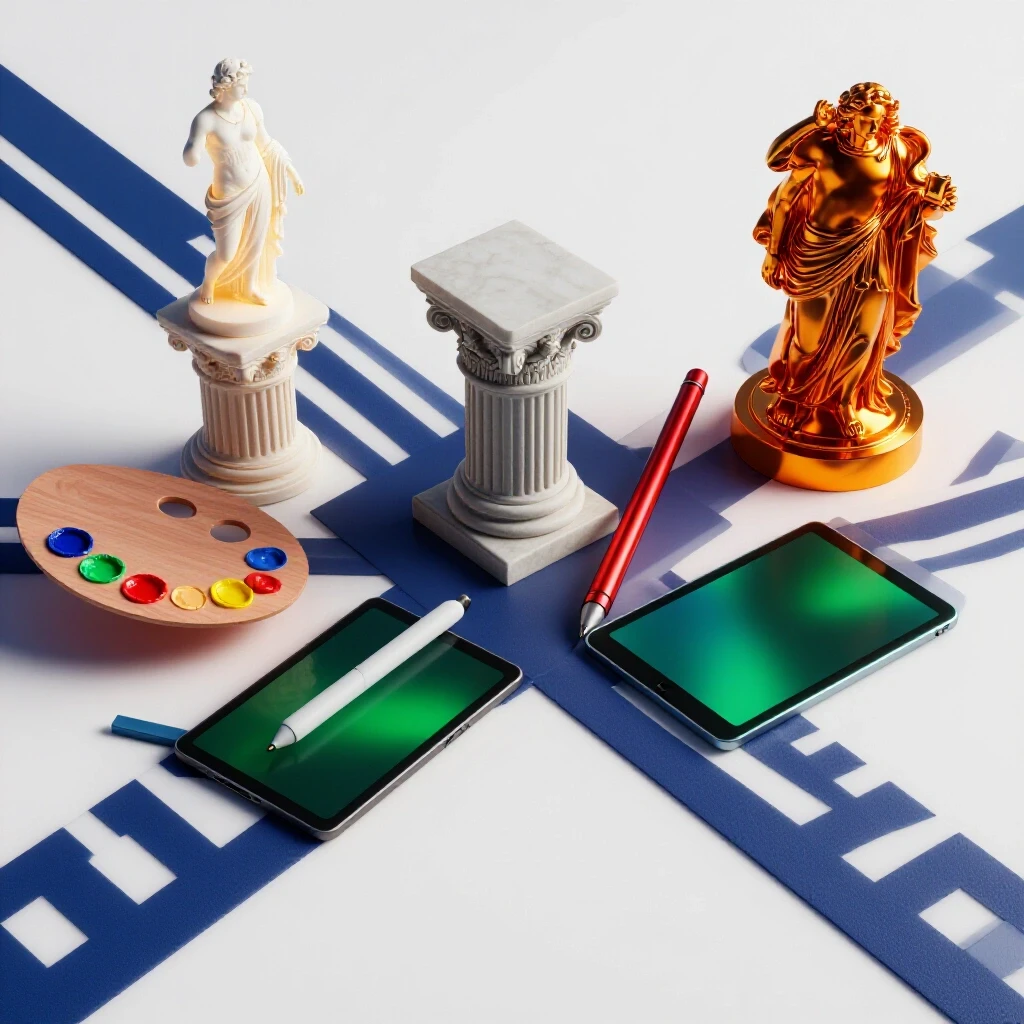 Classic art sculpture and painter’s palette blending into digital creative tools on a bright white background.