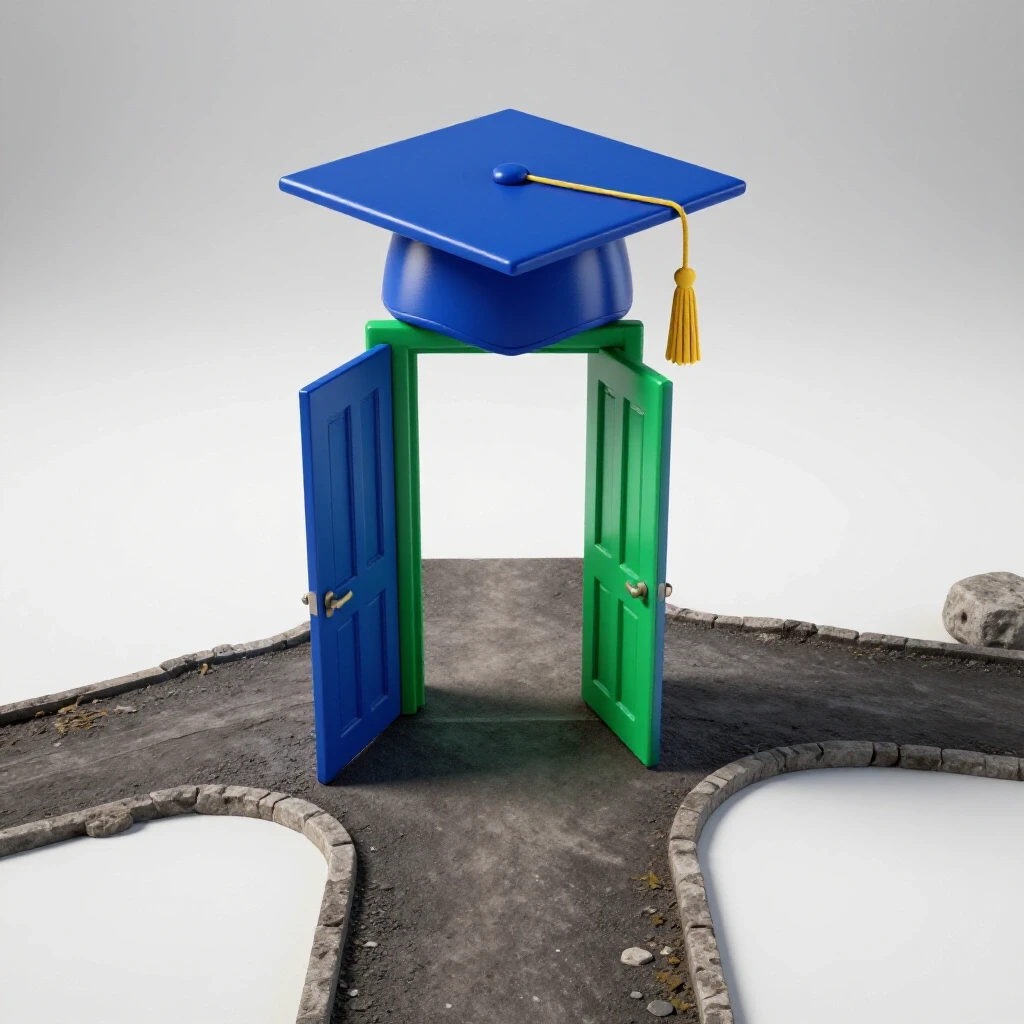 A crossroads with a worn path leading to a bright, graduation cap-shaped doorway, set on a luminous background.