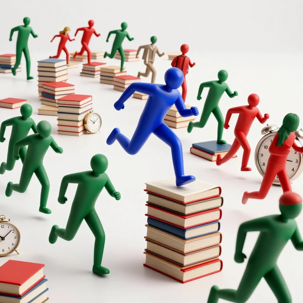 Dynamic race with colorful figures leaping over books and clocks, symbolizing fast self-paced learning in a bright studio scene.