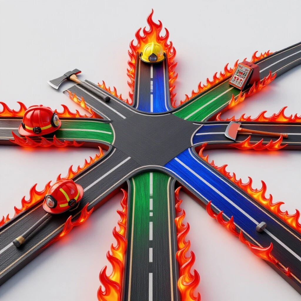 Dynamic crossroads of branching flame-shaped pathways displaying fire science tools in rich colors on a bright background.