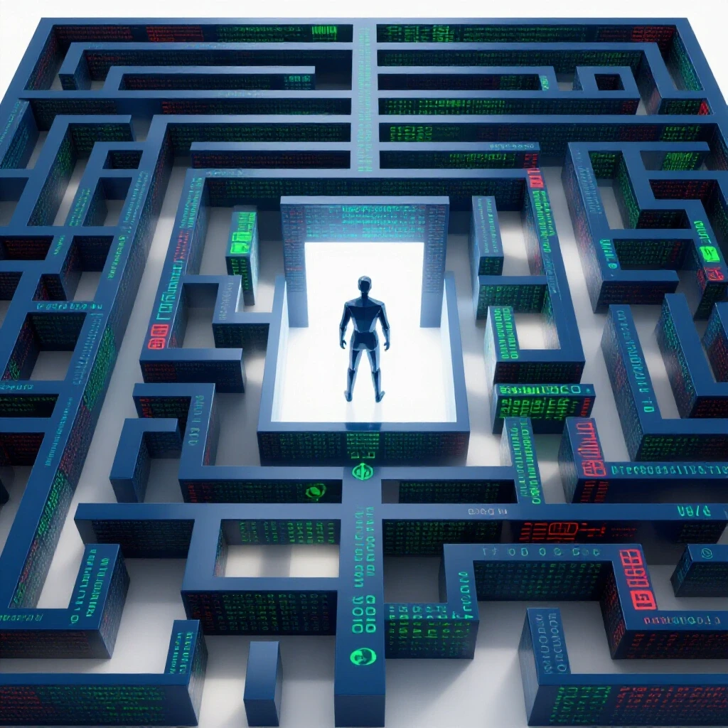 Abstract figure stands before a maze of code and data symbols, facing a bright glowing doorway ahead.