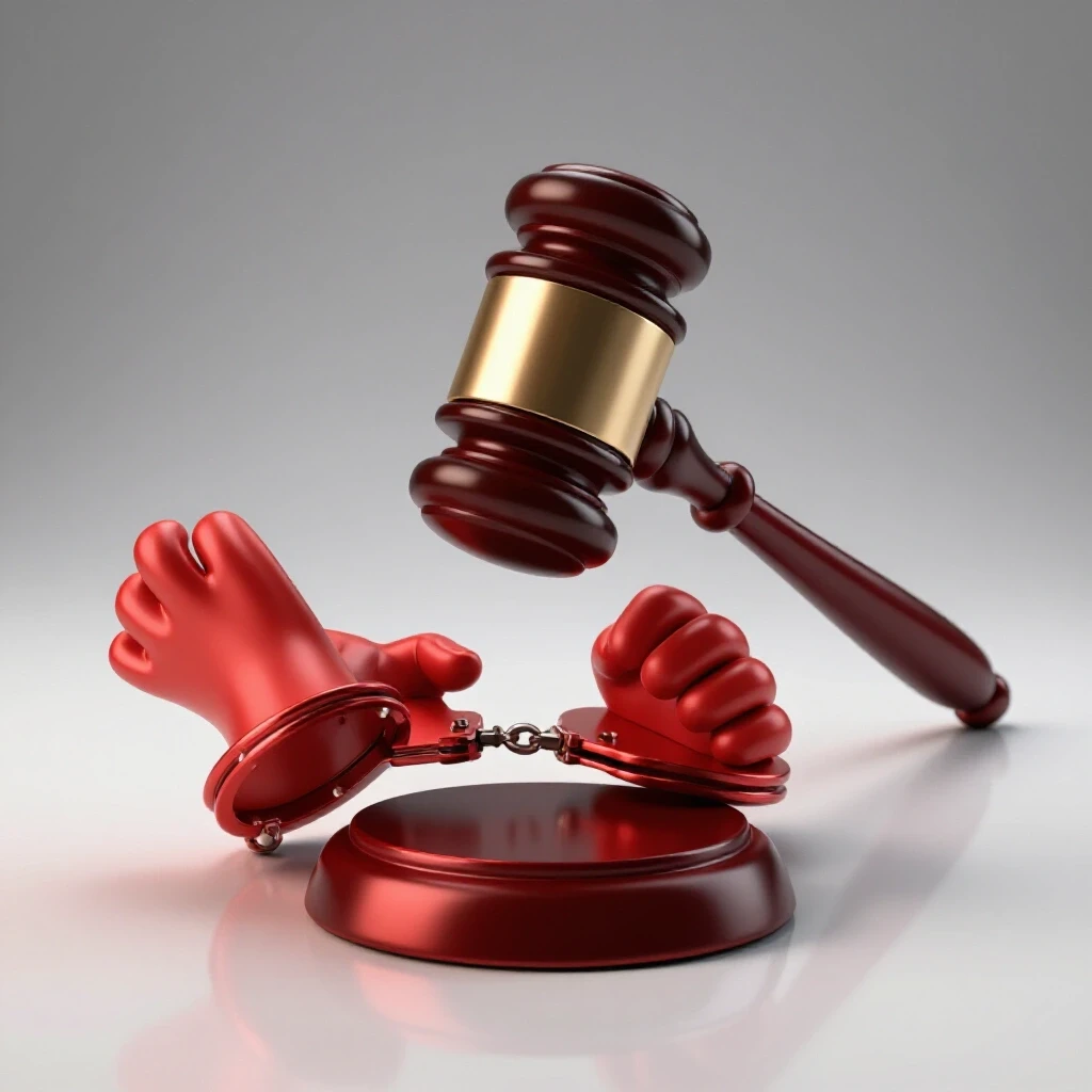 A judge's gavel looms over a pair of crimson handcuffed hands, casting a dramatic shadow on a bright background.