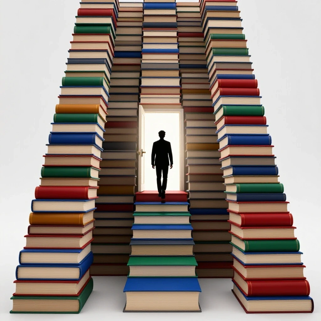 A vibrant book staircase leads upward to a bright open doorway, symbolizing first-gen student achievement.