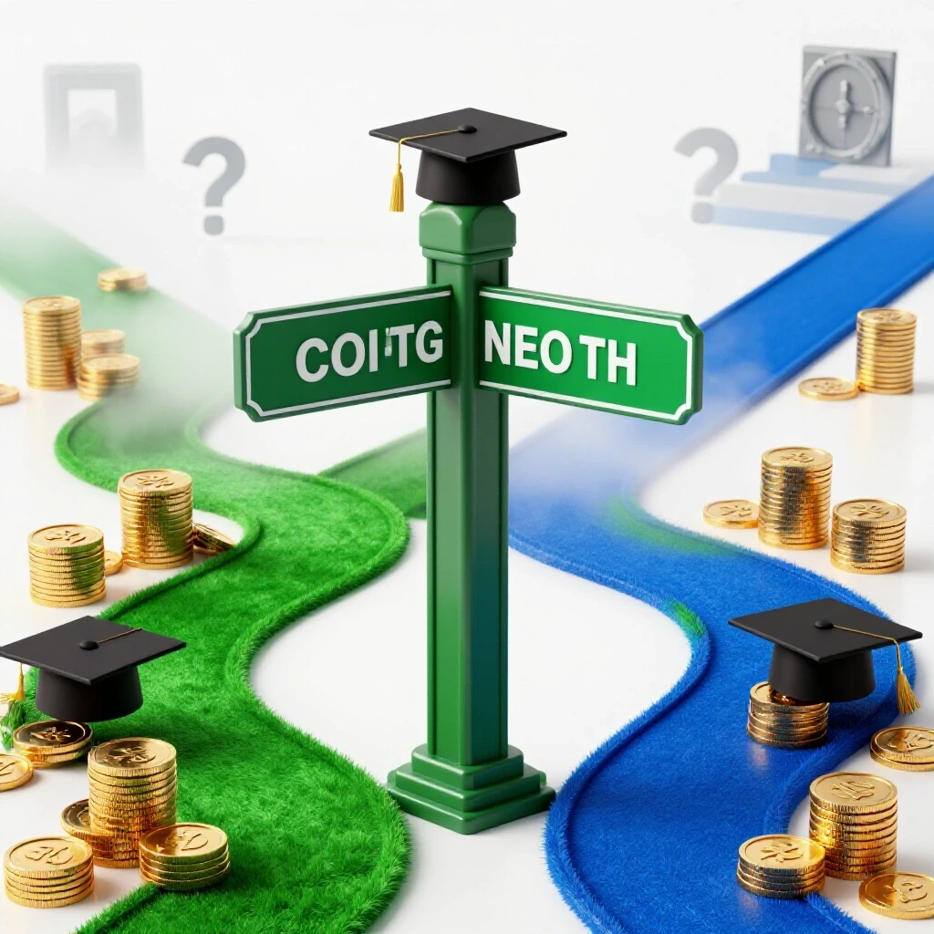 A glossy crossroads signpost with diverging colored paths, symbols for opportunity and uncertainty, on a bright background.