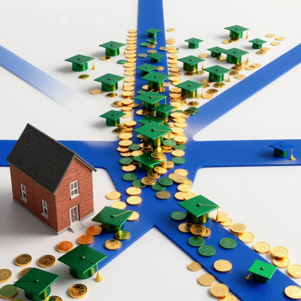 A crossroads with a modest brick home and an upward path lined with graduation caps and coins, in a bright studio setting.
