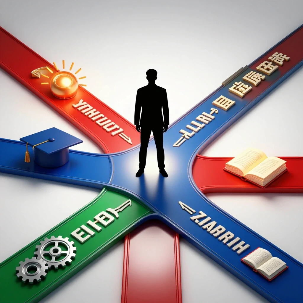 Colorful crossroads with a young silhouette at the center, leading to bright education and career symbols.