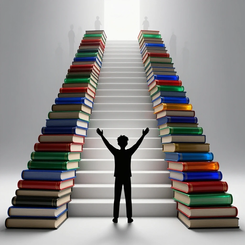 Colorful book staircase rises toward a bright horizon with hopeful figure and supportive silhouettes