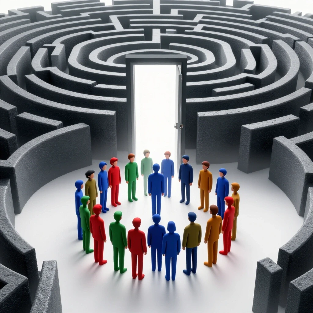 Diverse group of abstract figures at an open doorway, transitioning from a dark maze to a bright open landscape