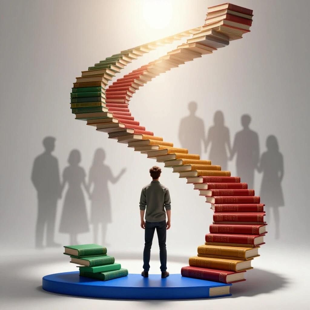 A symbolic young figure faces a towering staircase of colorful books, shadows of supporters behind, light shining above