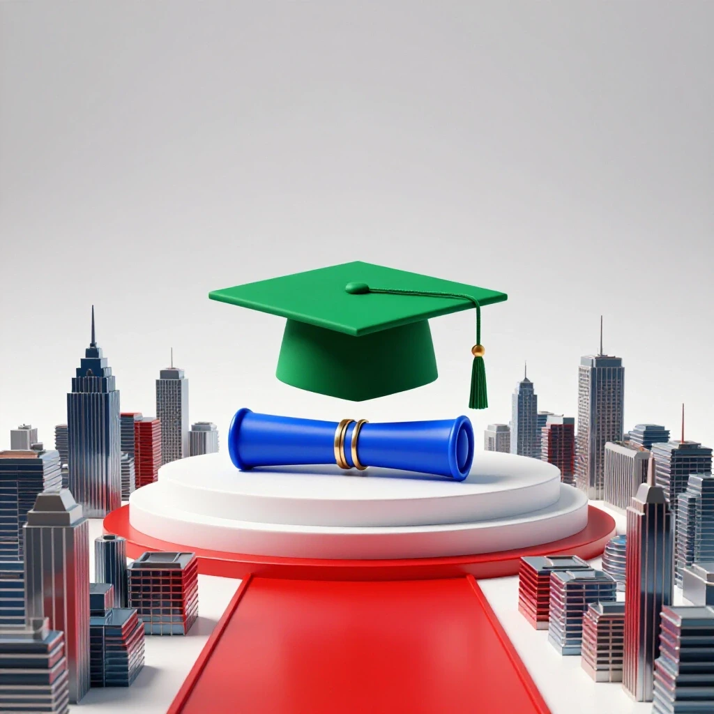 Glossy graduation stage with cap and diploma leading to a vibrant city skyline, symbolizing career journey.