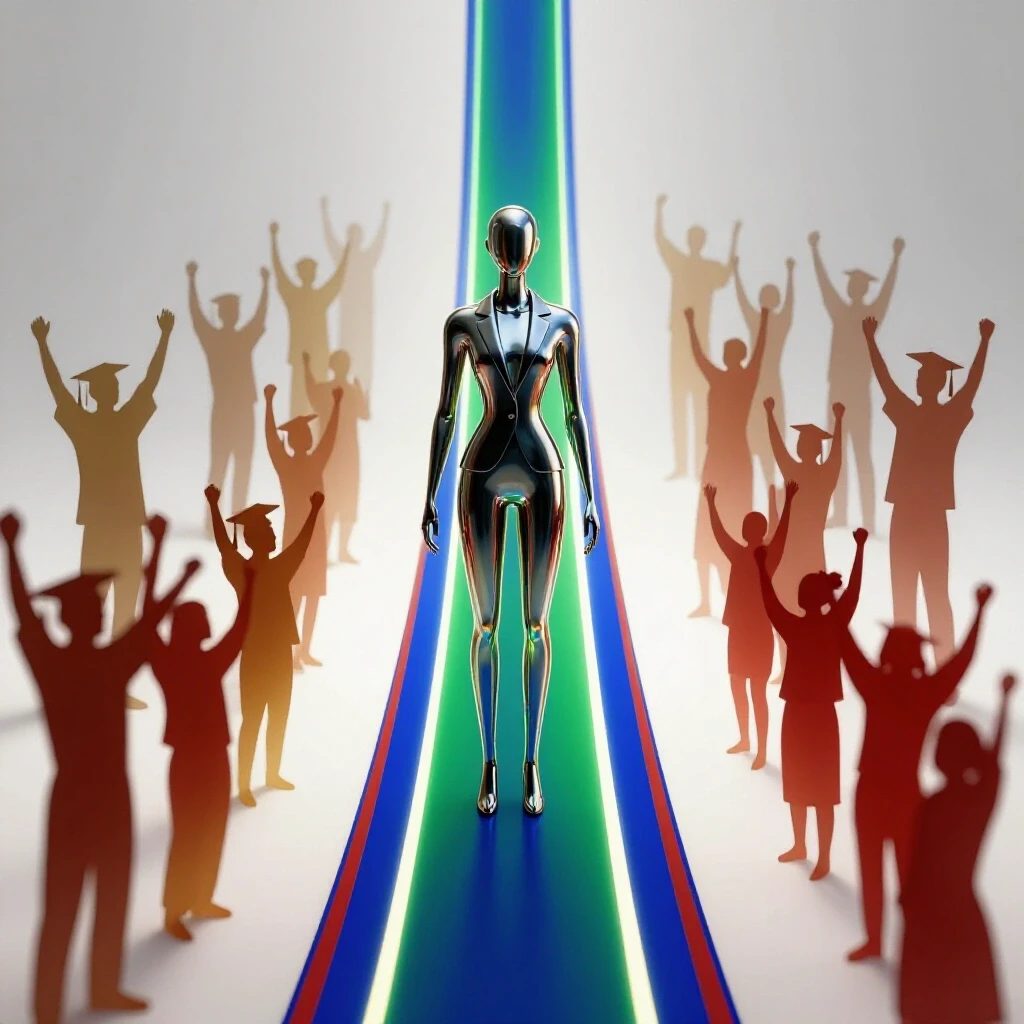 Confident abstract figure stands at the start of a glowing upward pathway, flanked by cheering silhouettes.