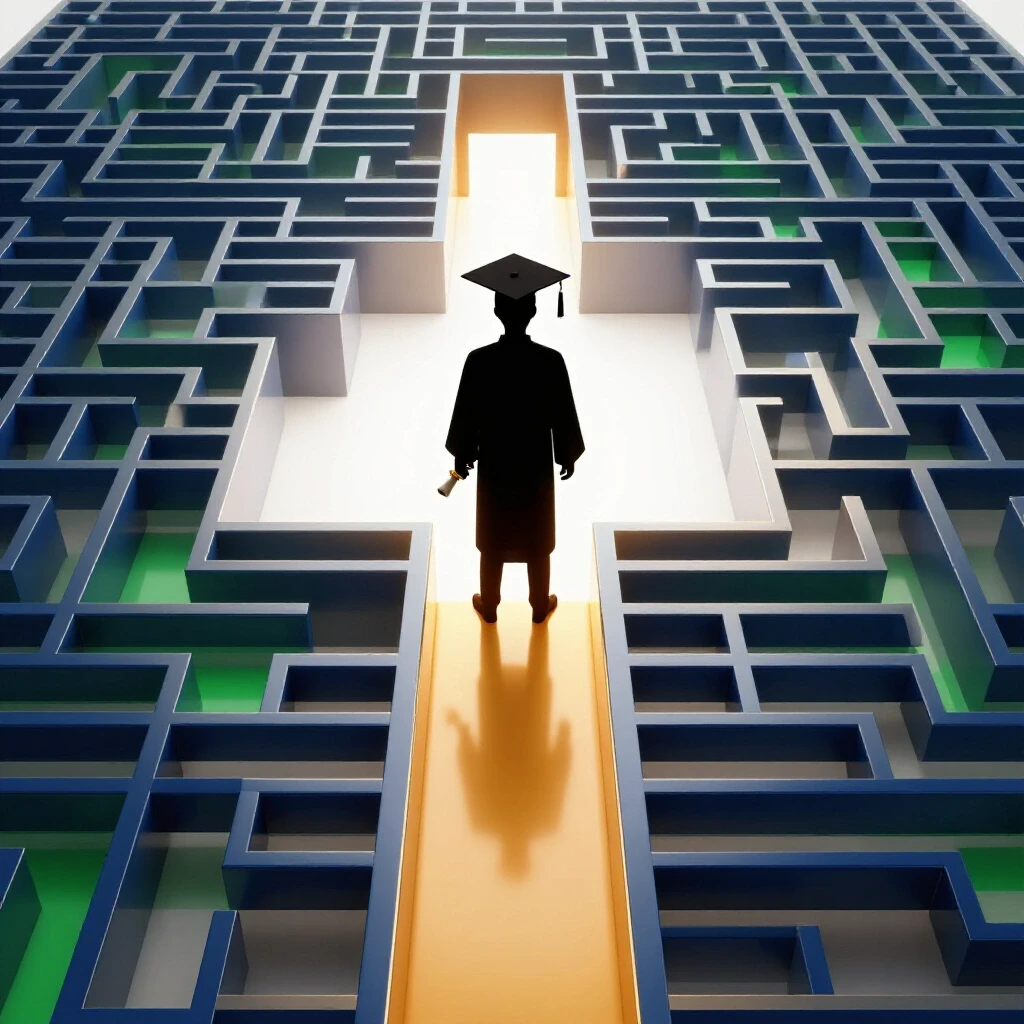 A graduation cap and diploma stand at the edge of a vivid maze, one glowing path leading to an open doorway ahead.