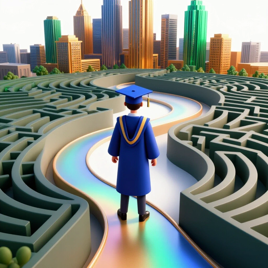A confident graduate in cap and gown stands at a winding path from a campus maze to a vivid city skyline.