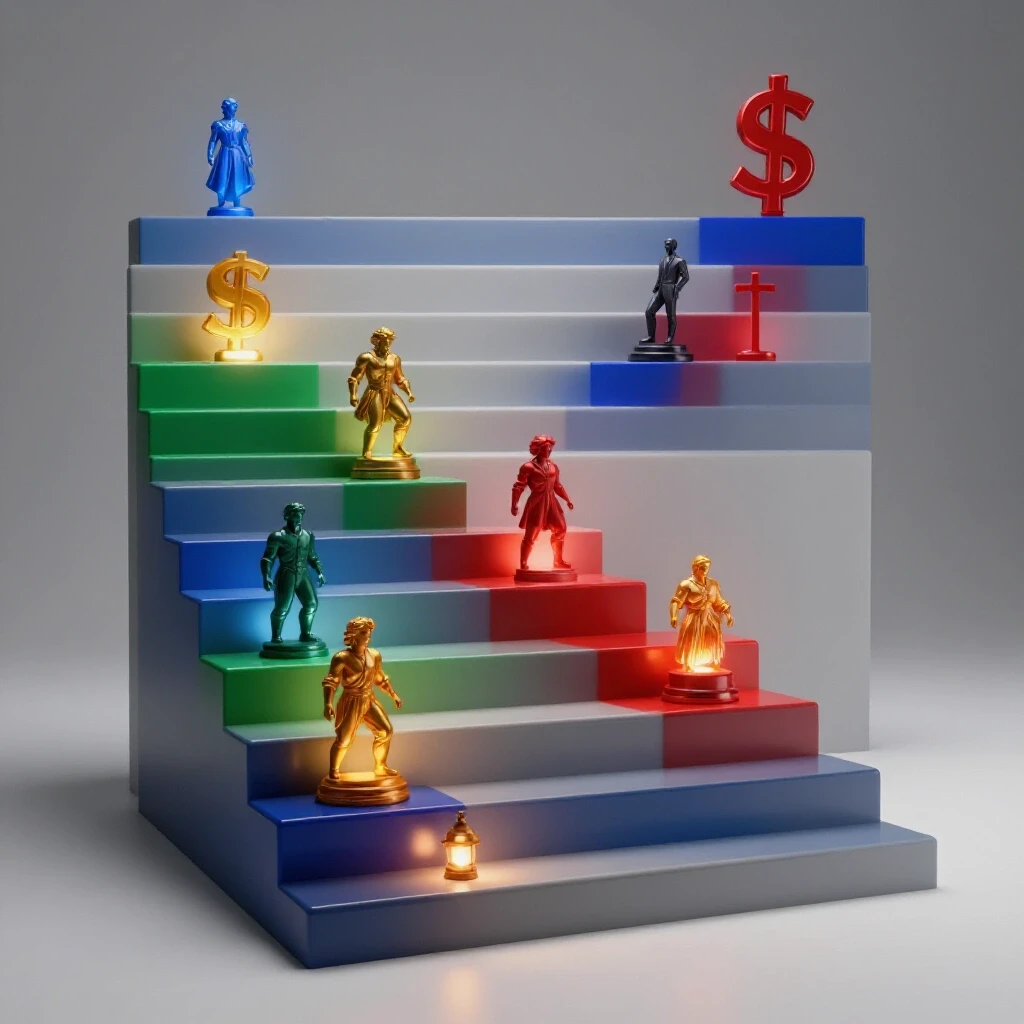 Vivid, brightly lit stair steps in intense colors, each spotlighting a unique object to represent salary and age progression.
