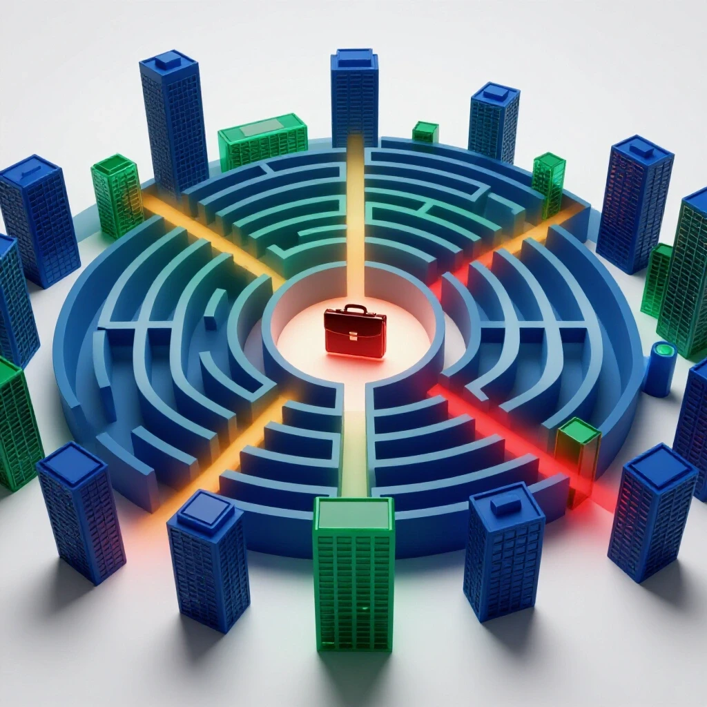 Central city maze in bold colors with illuminated pathways and a briefcase at the entrance on a bright background.