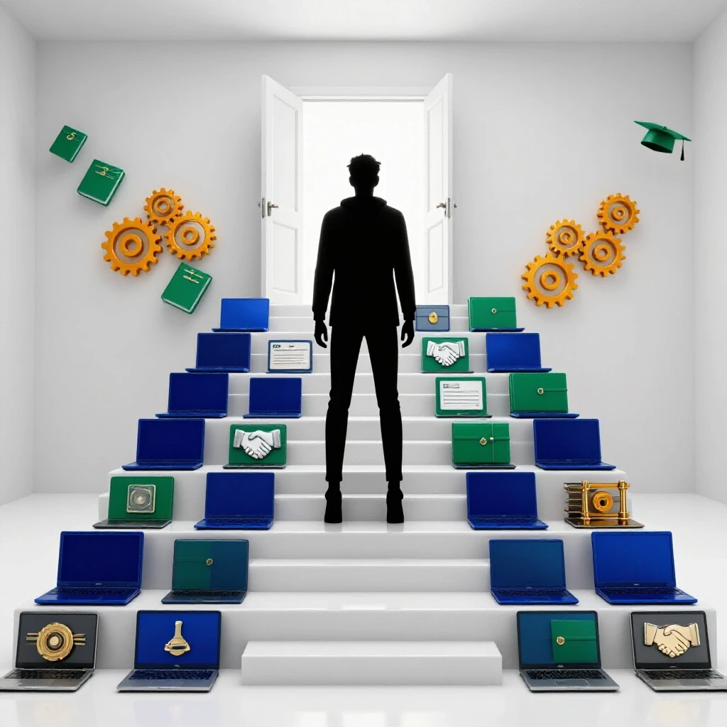 A vibrant staircase made of colored laptops, portfolios, handshake and certificate icons, rising toward a bright doorway.