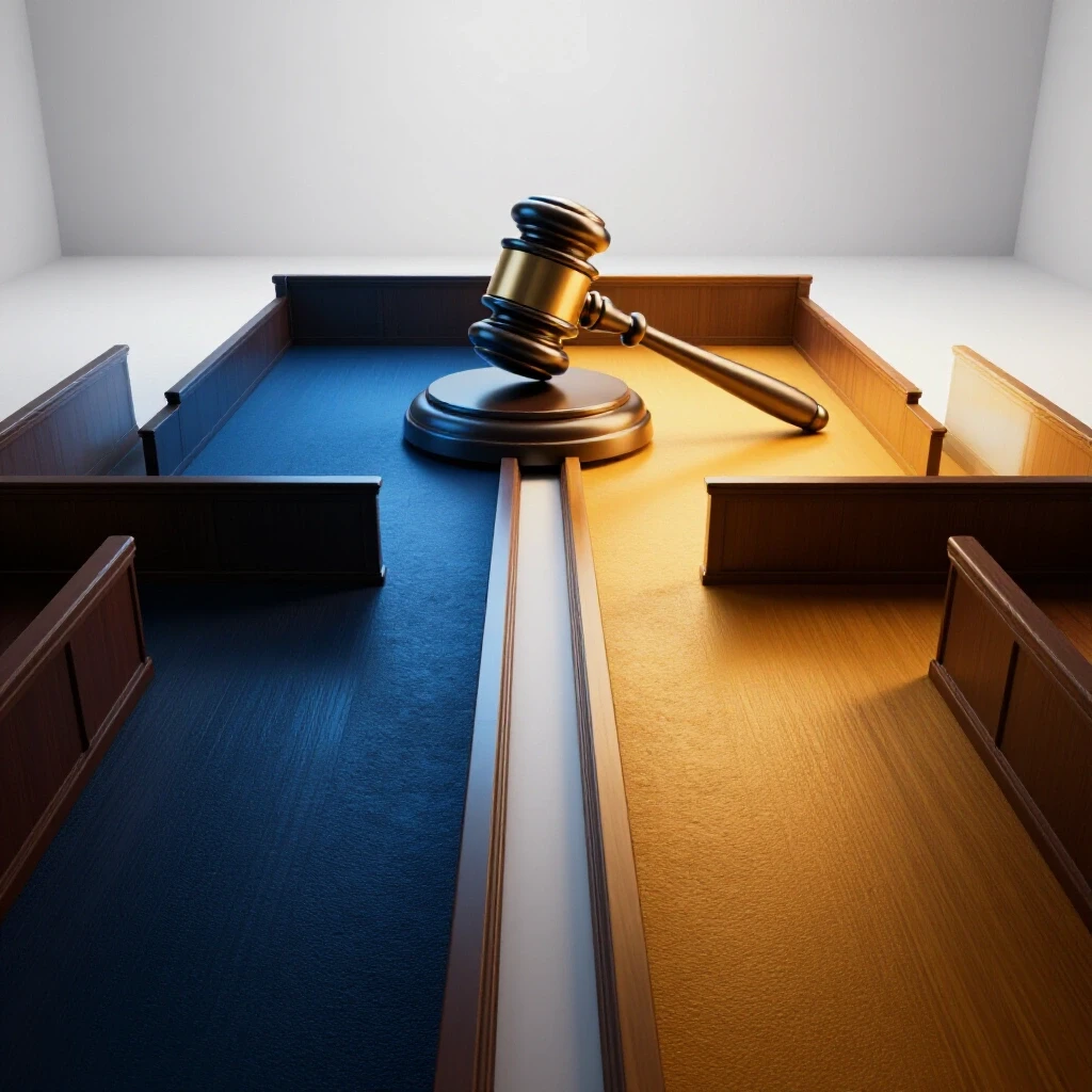 A split courtroom floor with a metallic gavel at the center, divided into shadowed blue and lighted amber paths.