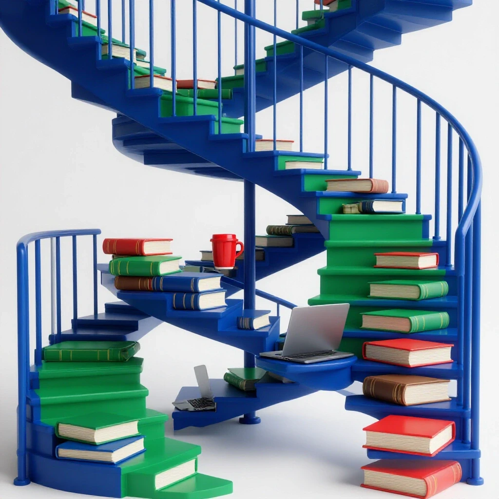 Winding staircase with books, laptop, and coffee cup on steps in a vibrant academic-themed studio setup.