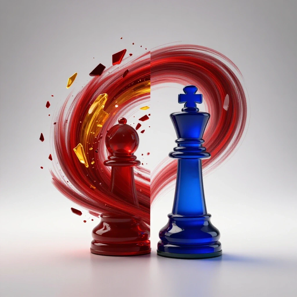 Dramatic split scene showing chaotic red shards and a shadowy blue chess piece on white background