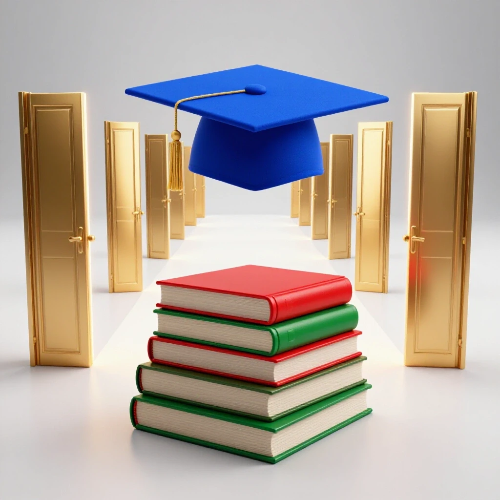 Graduation cap on stacked books at the beginning of a winding path lined with open glowing doors