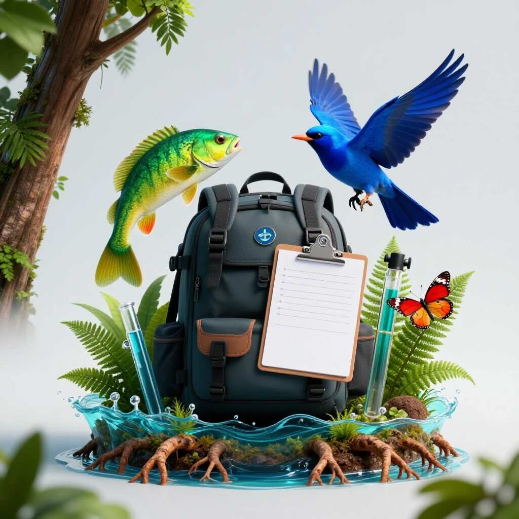 Field gear, sampling tools, and vibrant wildlife symbols arranged at the meeting of lush forest and water.