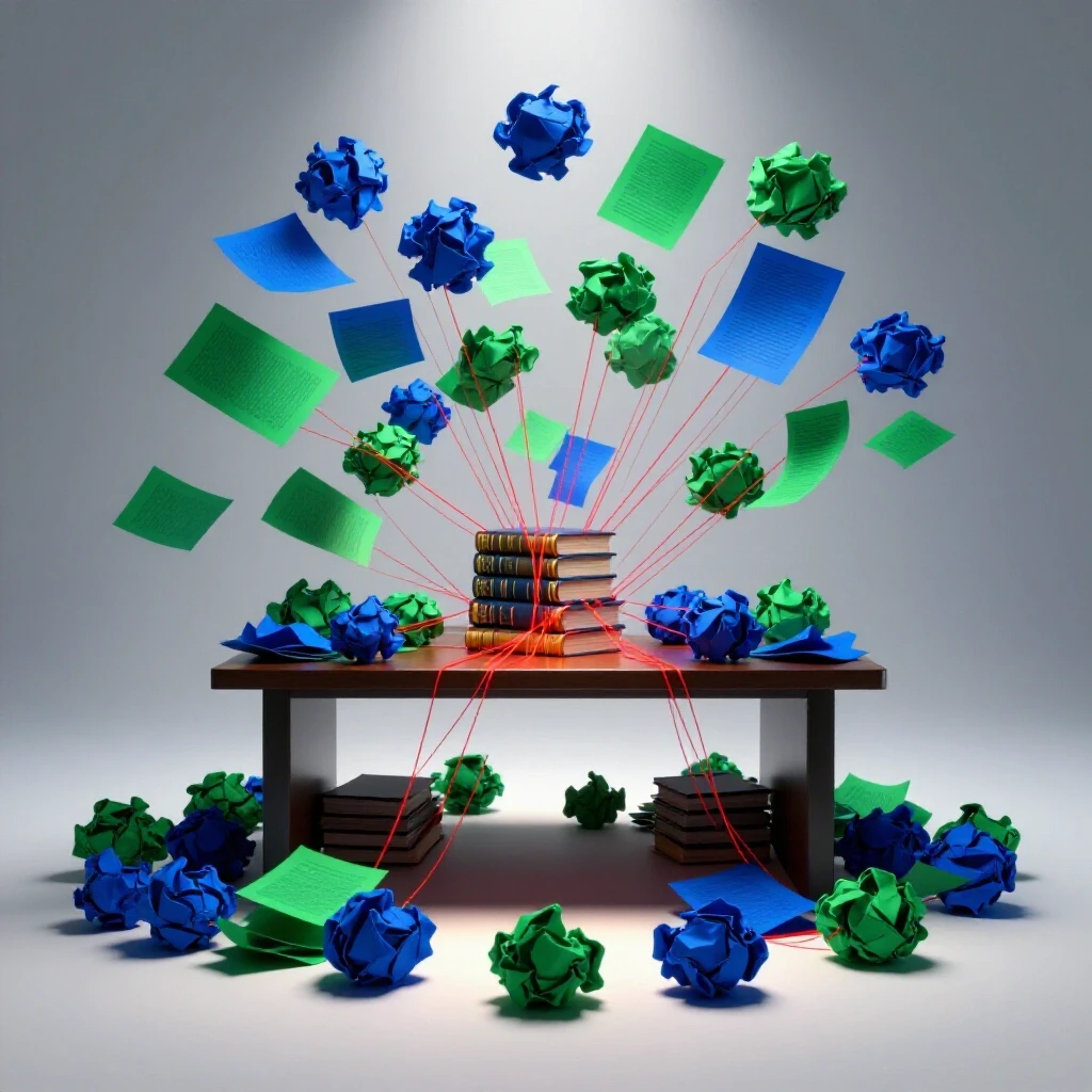 A cluttered desk filled with tangled papers and glowing threads leading to neatly stacked books, under a bright spotlight.