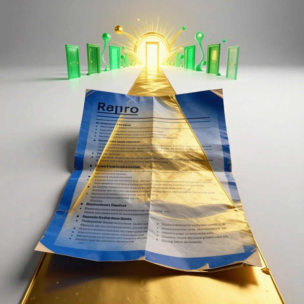 Crumpled resume transforming into a polished golden pathway leading toward a bright, opportunity-filled horizon.